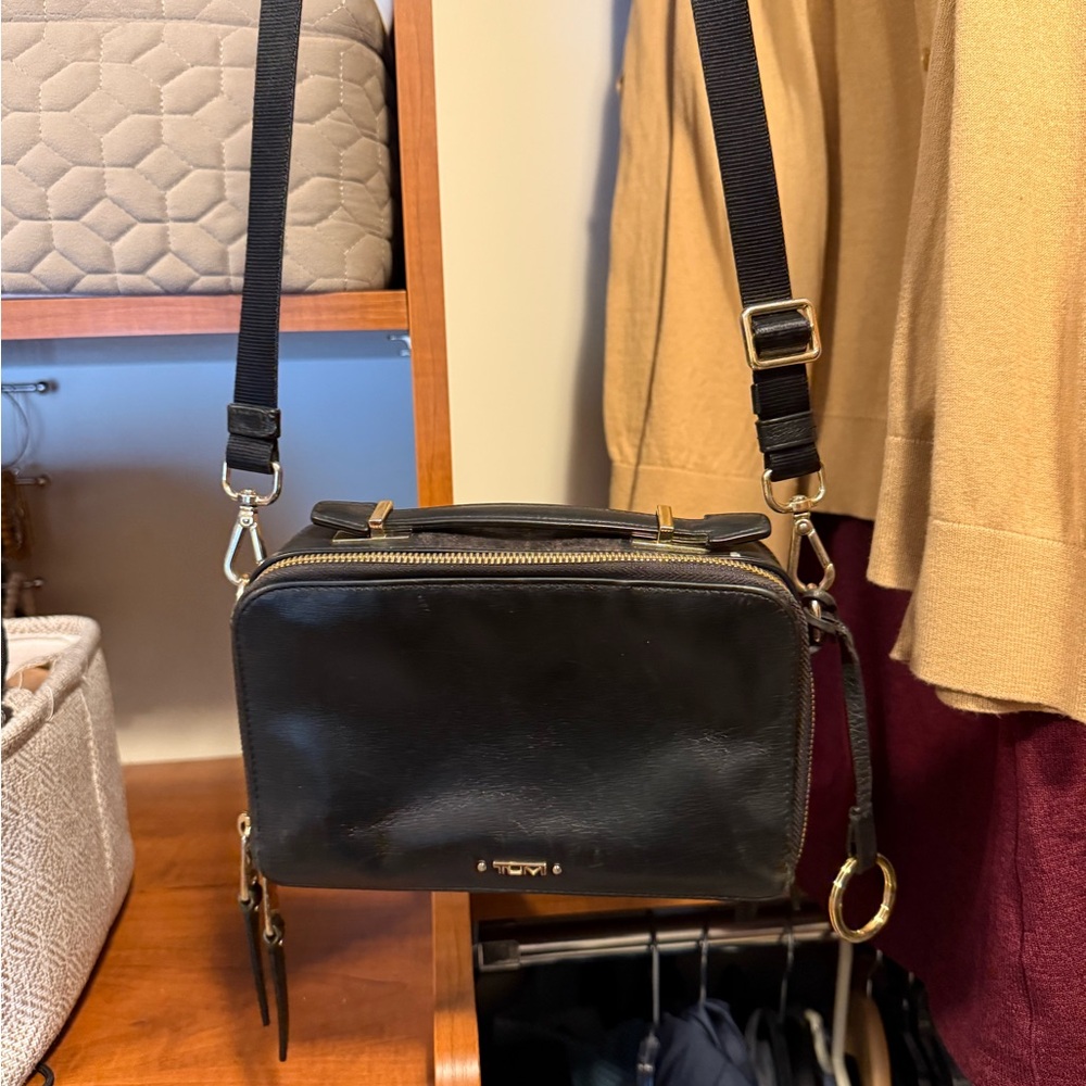 Tumi Black Leather Box Crossbody with Gold Hardware